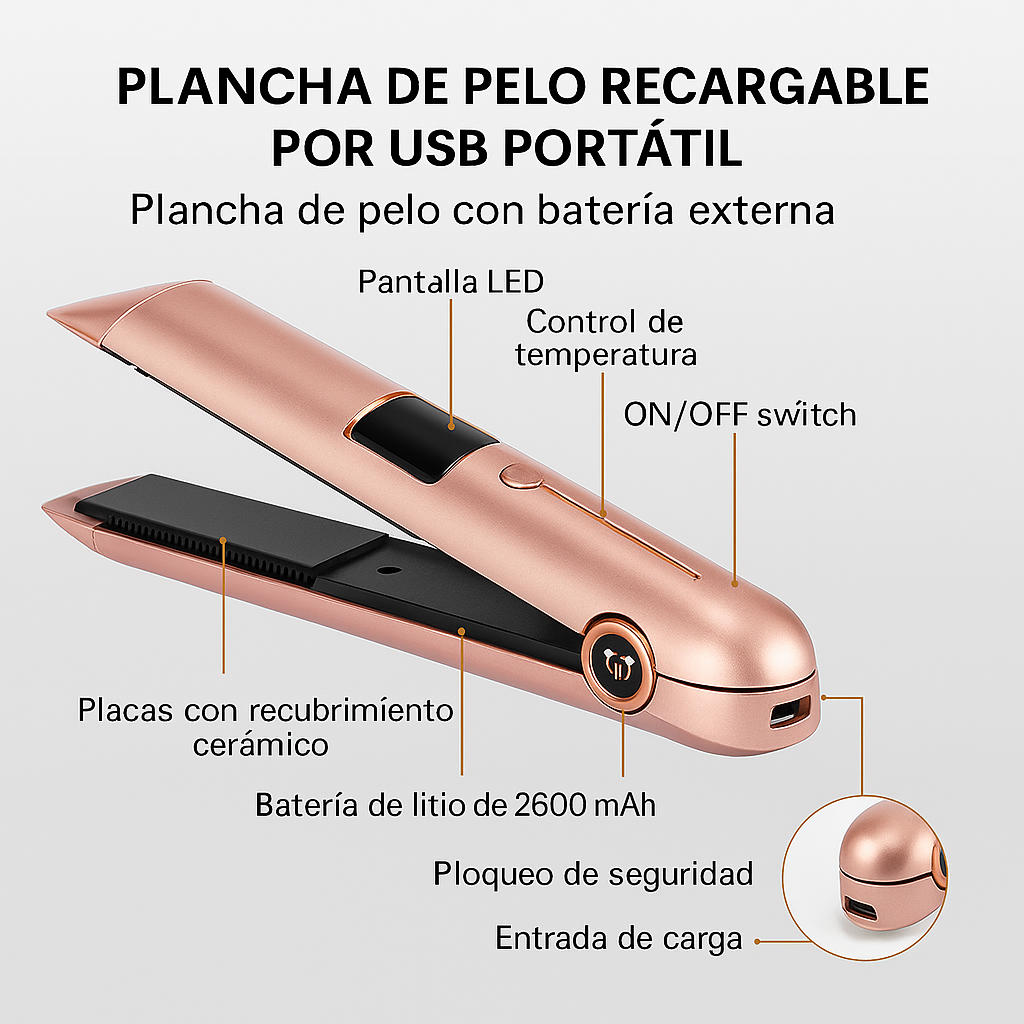 Plancha de pelo inalámbrica 2 en 1